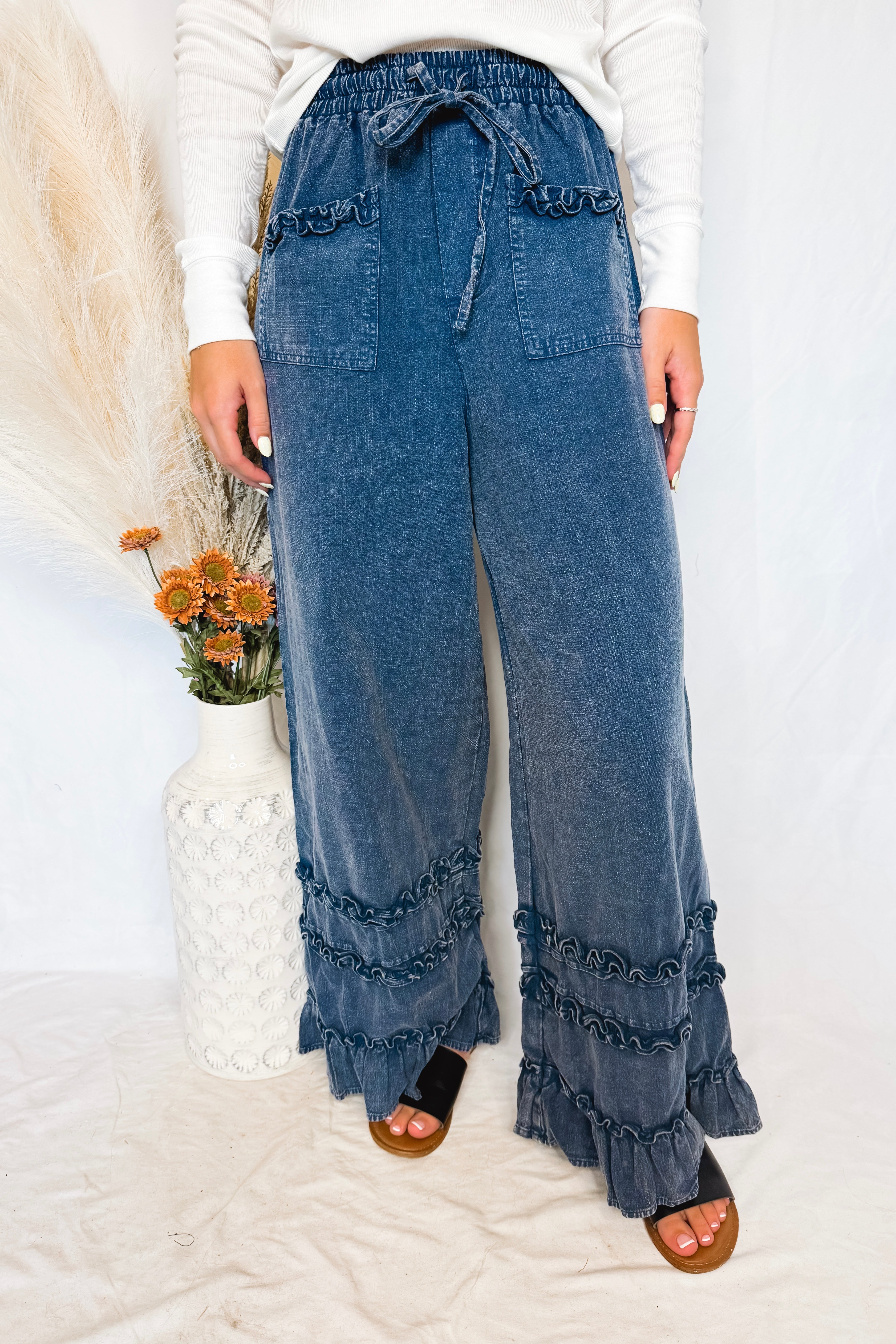 Mittoshop Jenny Wide Leg Ruffle Trim Pants - Medium Wash – Shop