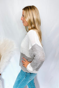 Autumn Day Color Block Knit Sweater - Grey/Ivory