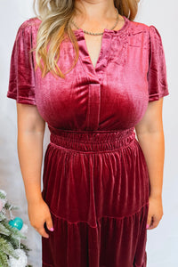 Feeling Fancy Velvet Tiered Midi Dress - Rosewood