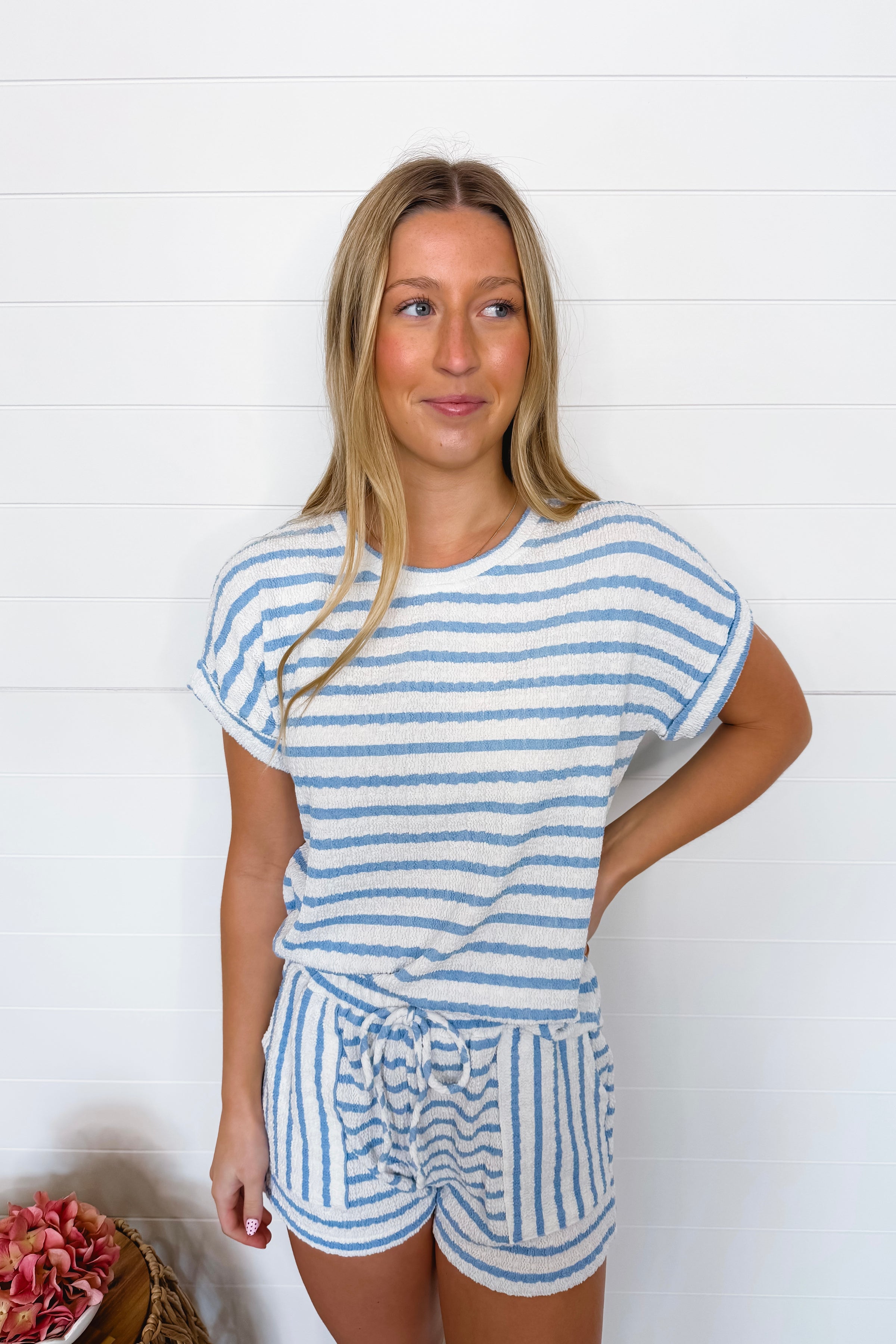Oceanside Striped Ribbed Top - Light Blue/White