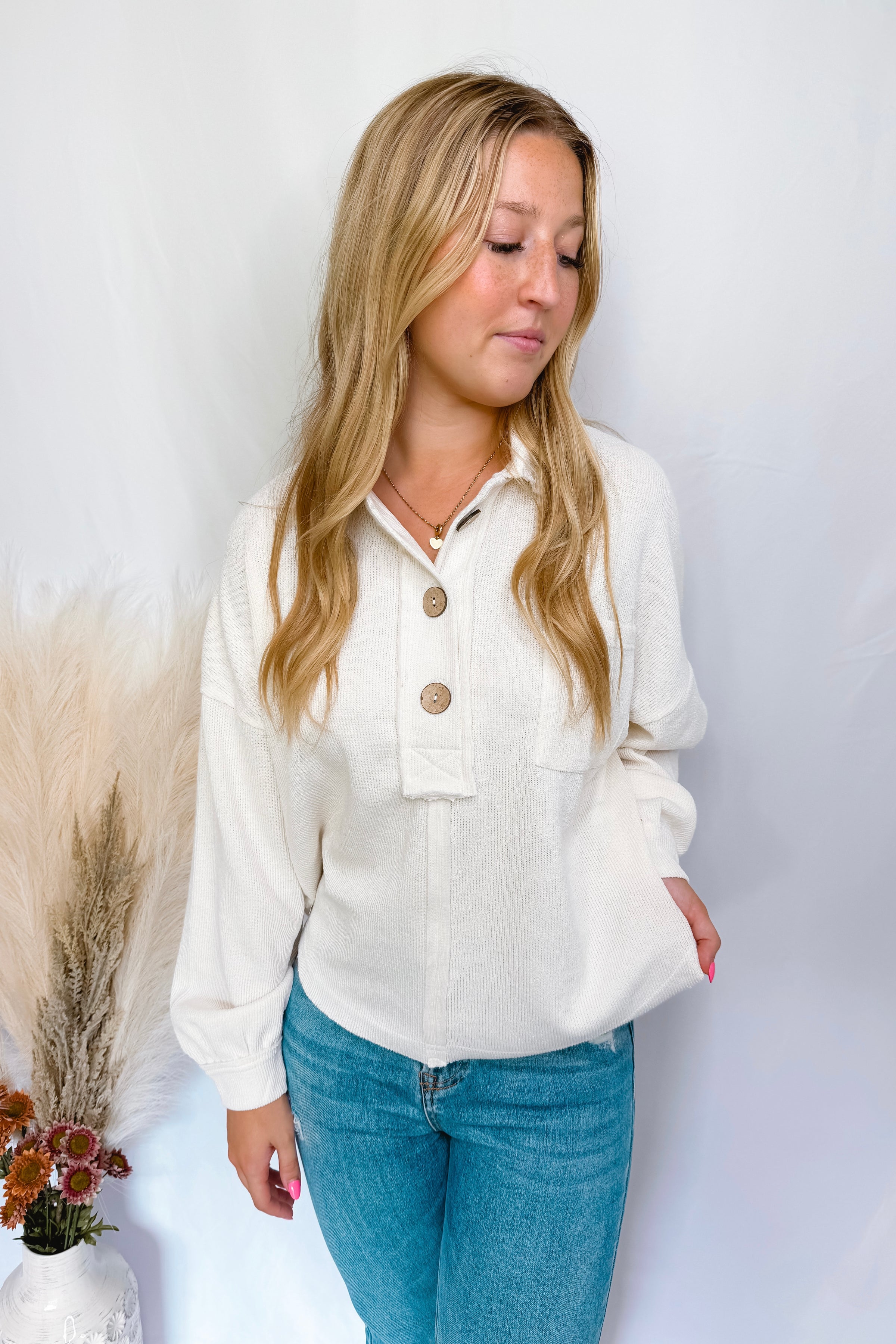 Casual Comfort Raw Edge Knit Henley Top - Ivory