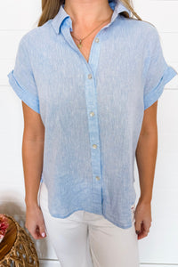 Warm Breezes Linen Blend Button Down Top - Blue