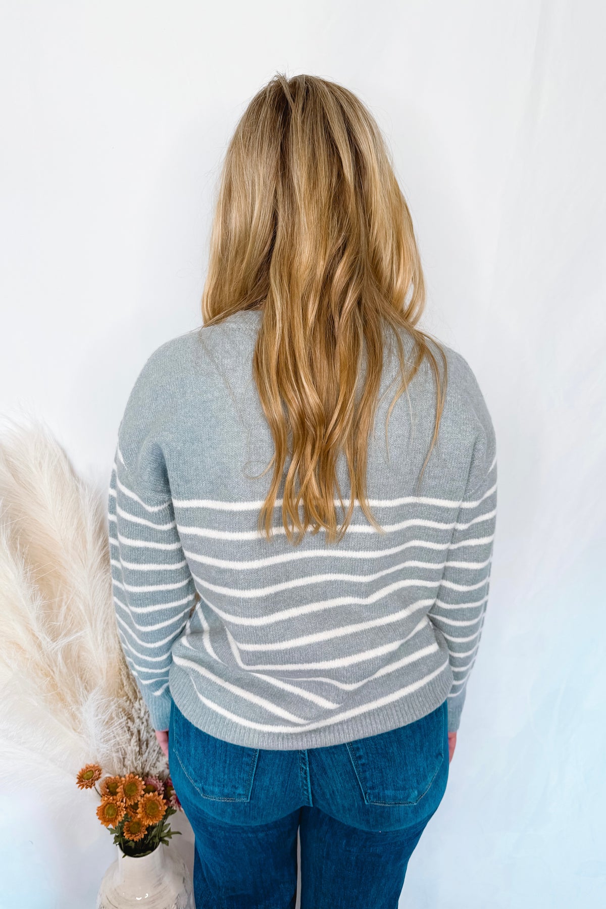High Energy Striped Crew Neck Sweater - Dusty Blue