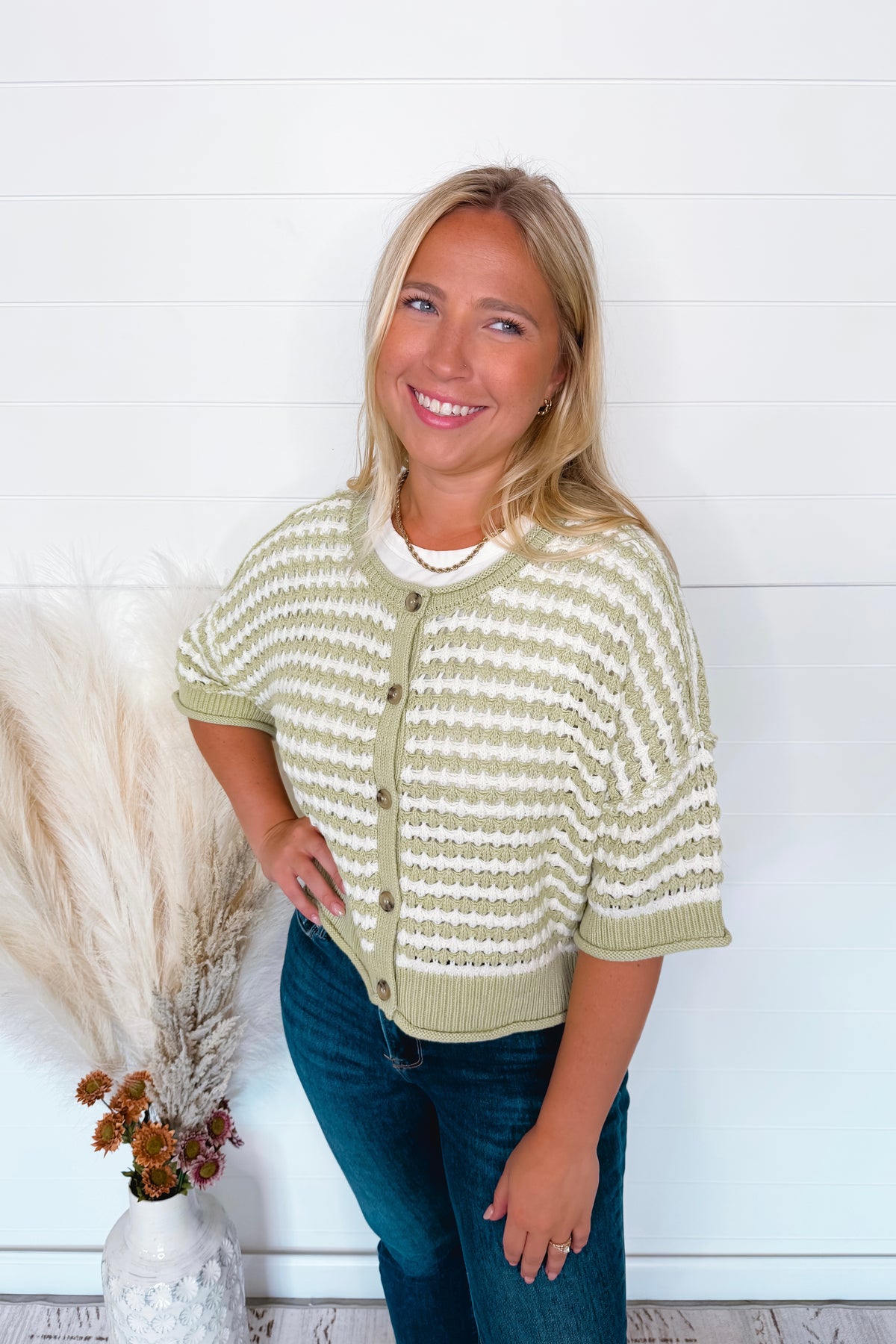Warm Breeze Crochet Knit Button Sweater - Sage