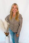 Crunching Leaves Striped Split Neck Top - Brown/Ivory