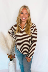 Crunching Leaves Striped Split Neck Top - Brown/Ivory
