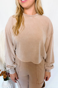 Crisp Leaves Mineral Washed Crew Neck Top - Taupe