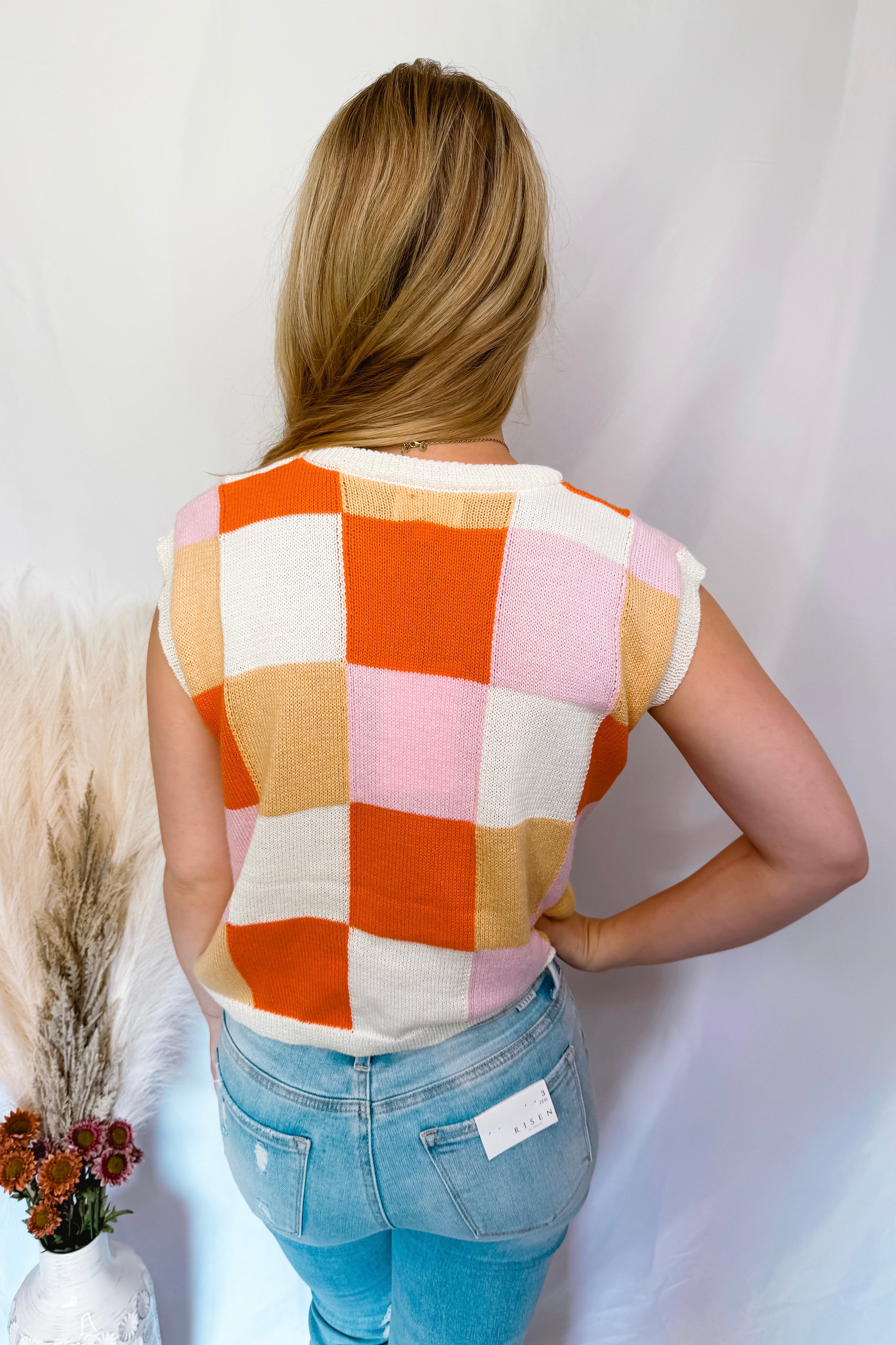 Happy Days Checkered Knit Top - Ivory/Orange Multi