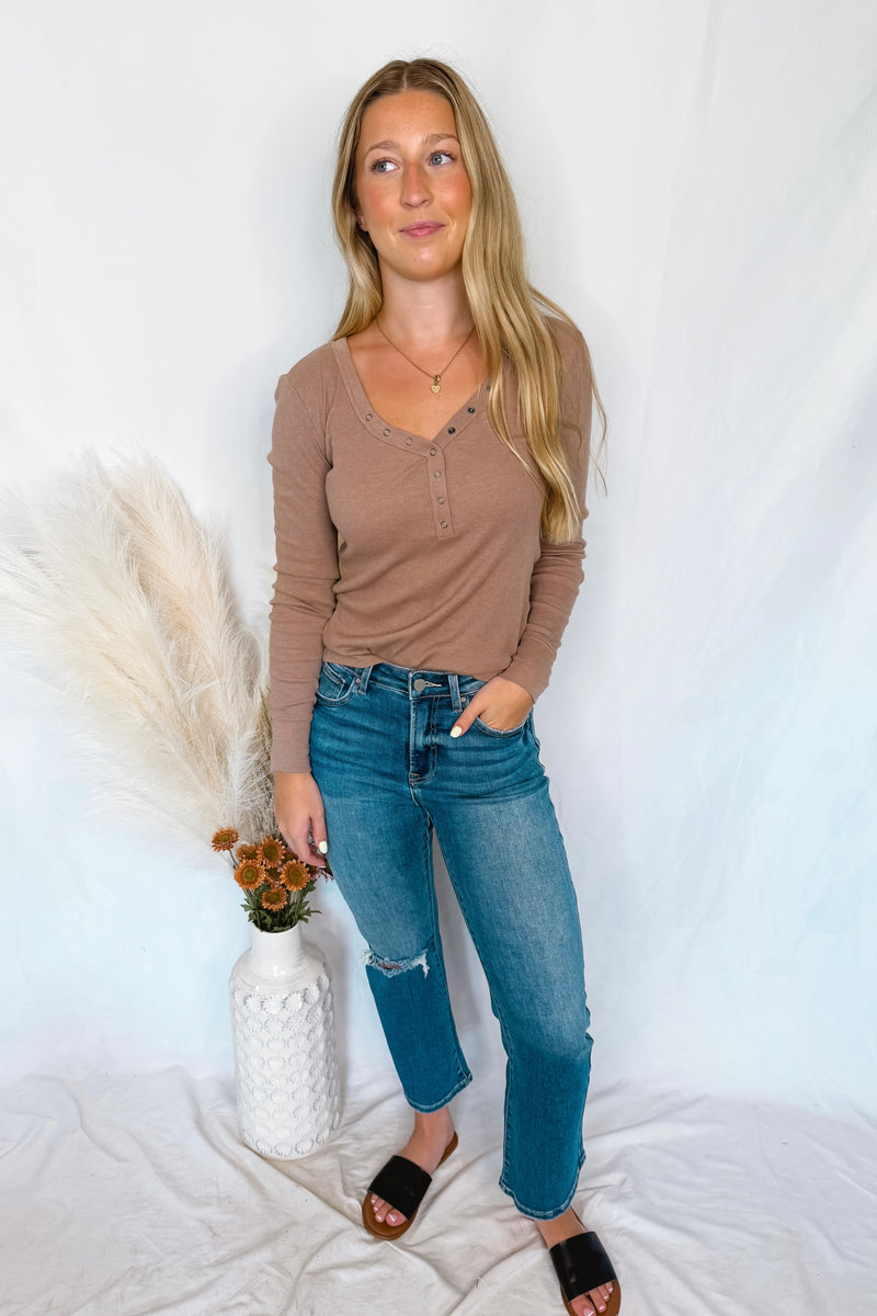 Shelly Long Sleeve Henley Top - Mocha