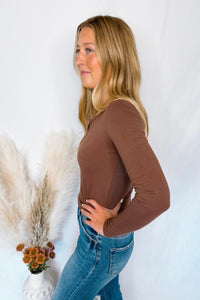 Courtney Notched V-Neck Long Sleeve Top - Brown