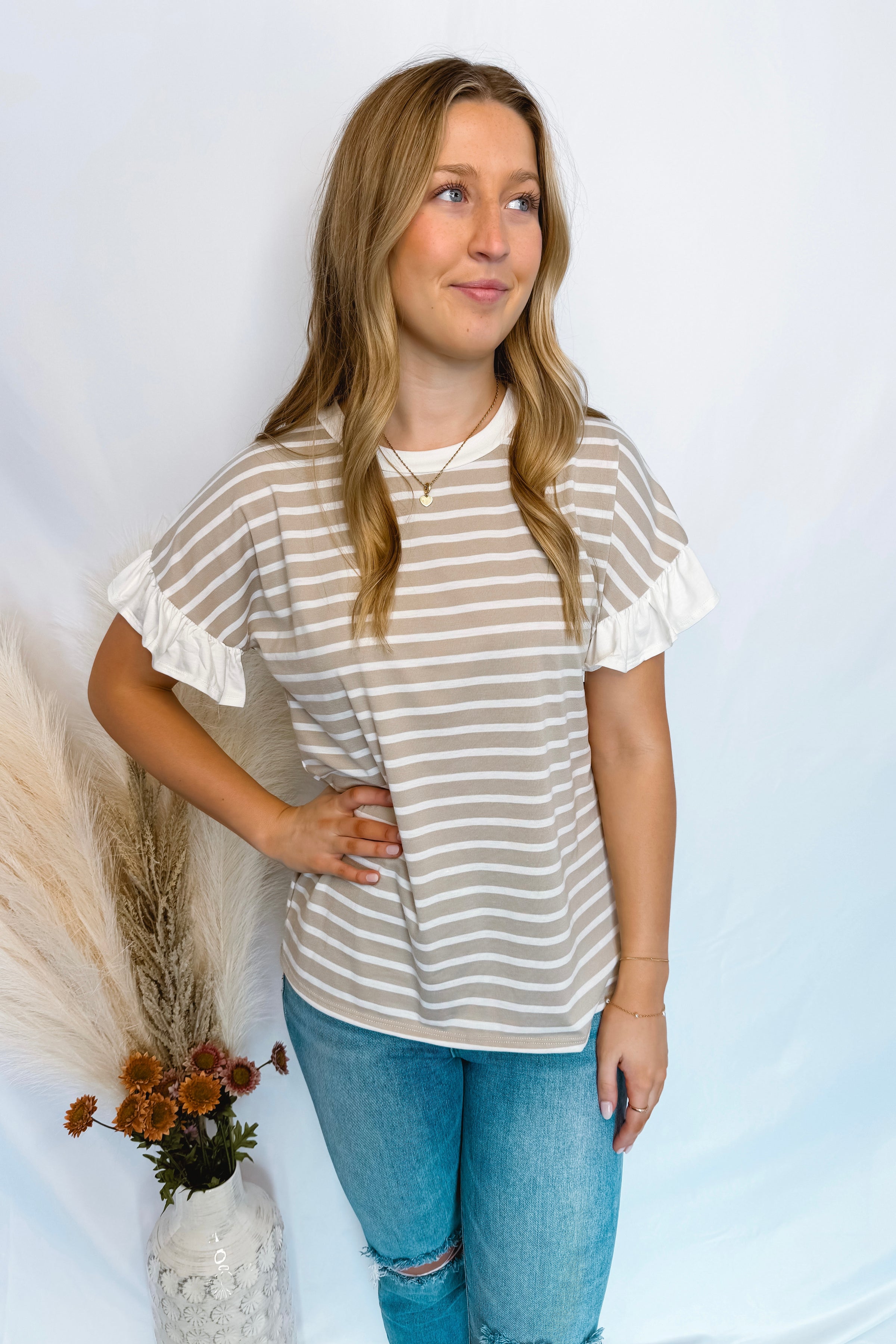 Spring Sunshine Striped Tee - Taupe/White