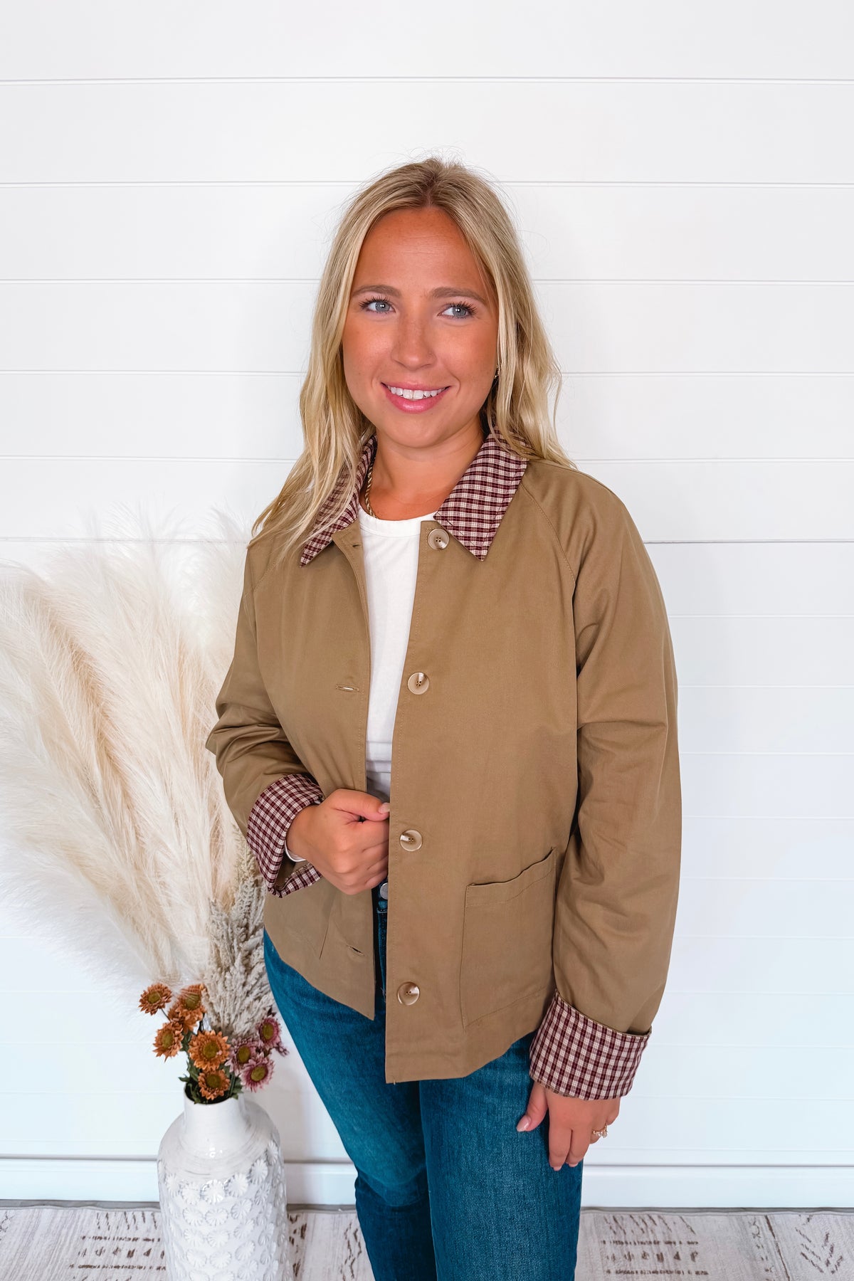 Loving Fall Plaid Collar Jacket - Tan