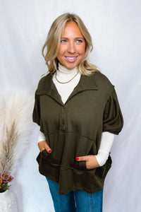 Take Your Time Oversized Drawstring Sleeve Top - Olive