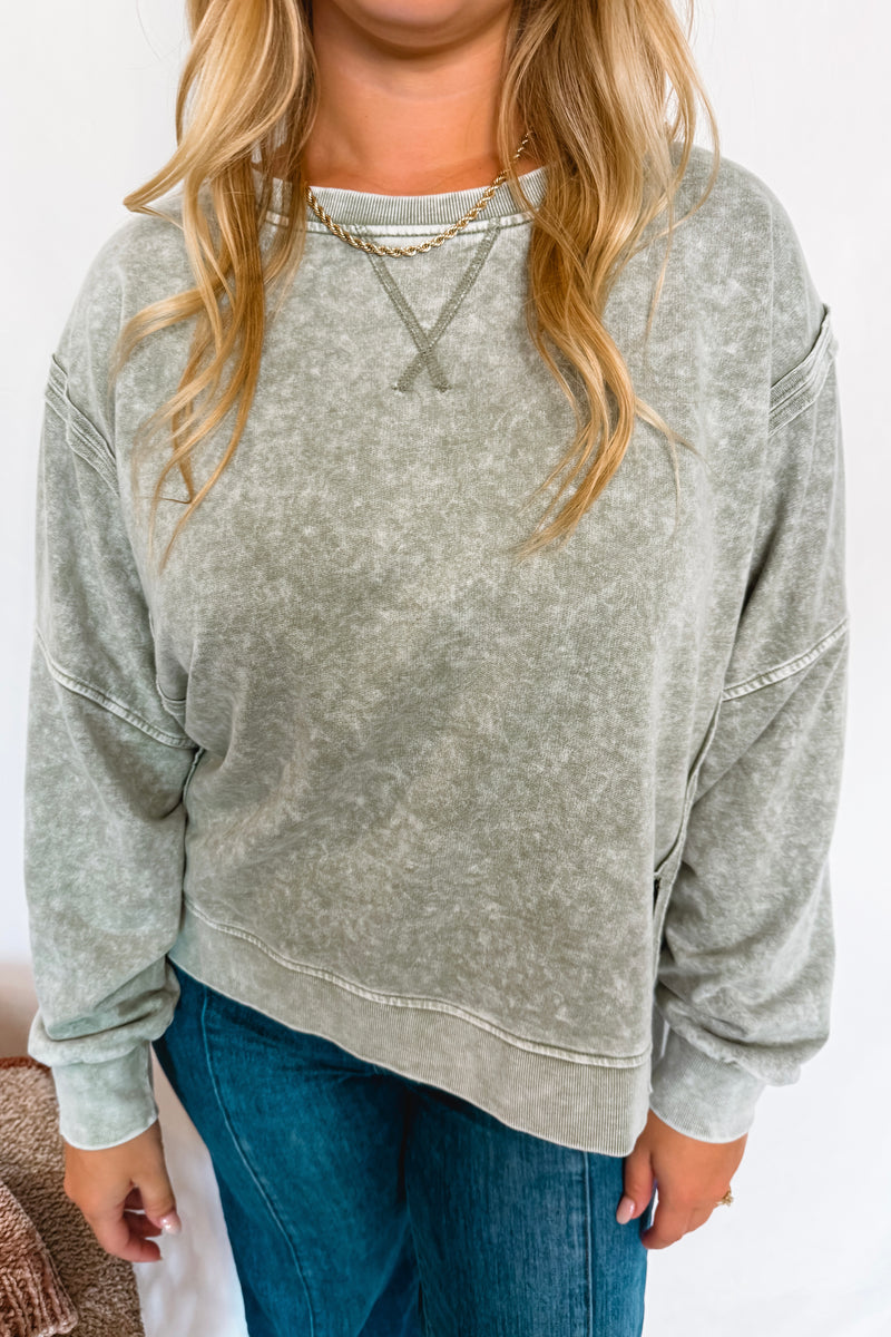 Forever Casual Mineral Washed Crew Neck Top - Moss Green