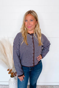 Gwen Lightweight Striped Button Sweater - Blue/Brown