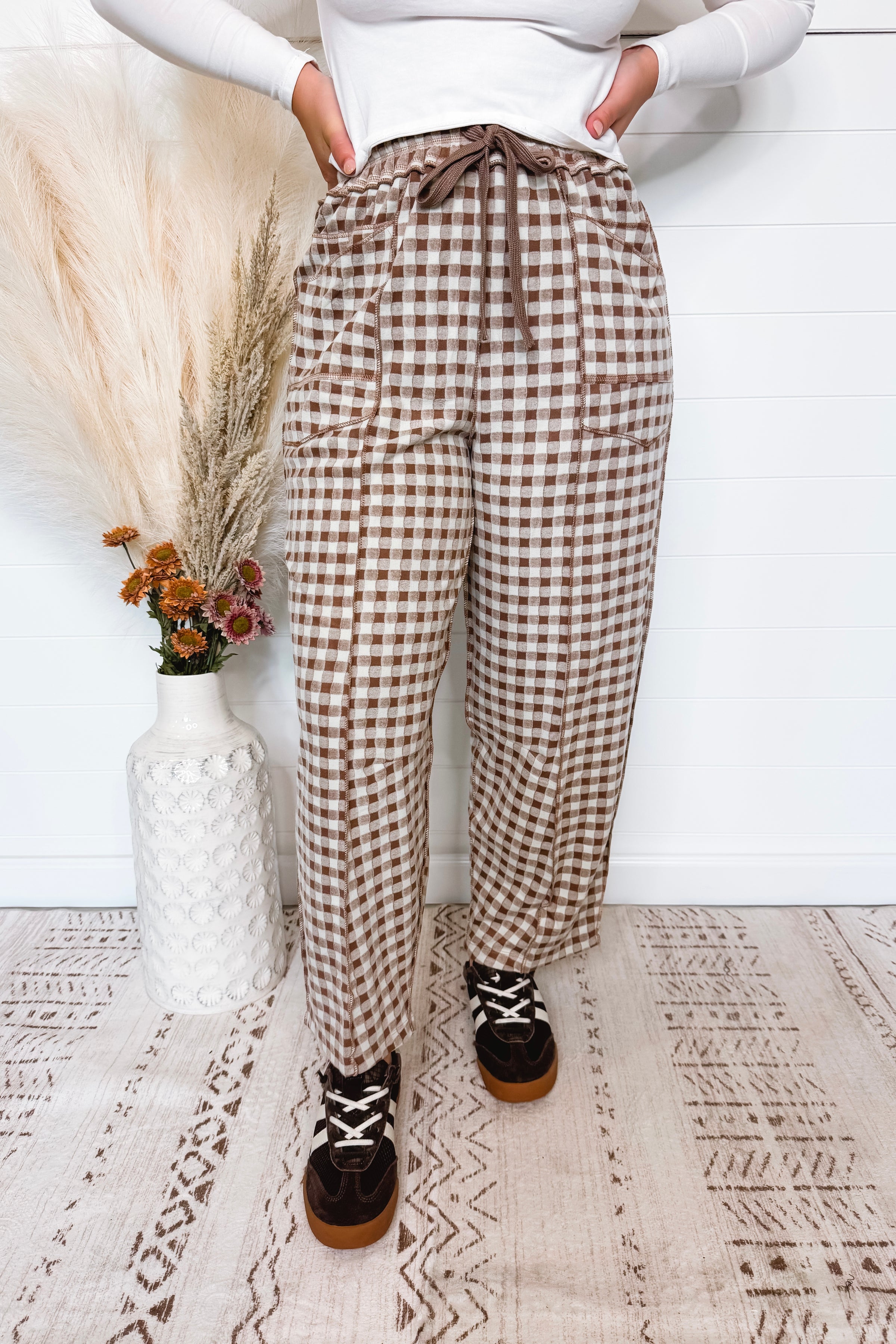 Chic Check Brushed Gingham Drawstring Pants - Mocha