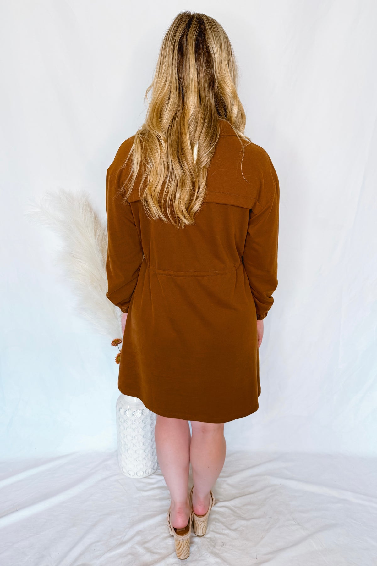 Coffee Love Zip Up Drawstring Dress - Brown