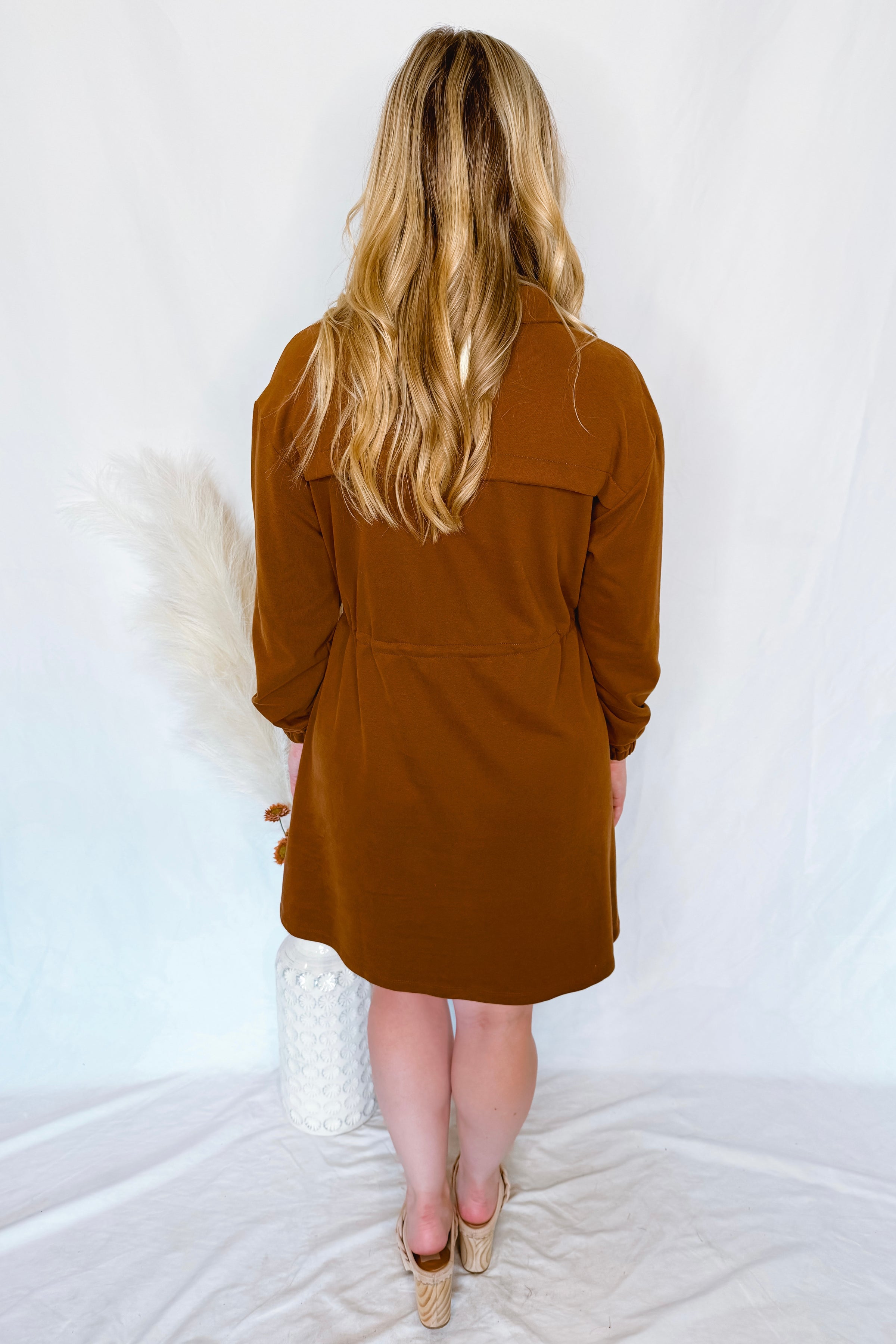 Coffee Love Zip Up Drawstring Dress - Brown