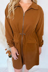 Coffee Love Zip Up Drawstring Dress - Brown