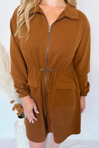 Coffee Love Zip Up Drawstring Dress - Brown