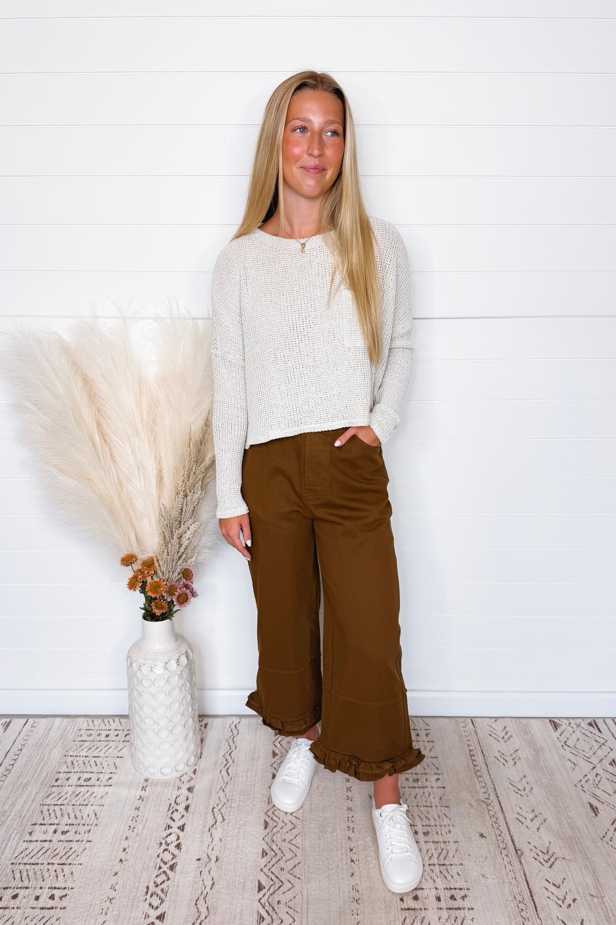 Layla High Rise Wide Leg Ruffle Pant - Brown