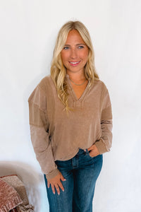 Coffee Brewing Split Neck Top - Mocha