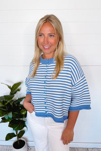 Landon Oversized Striped Sweater Cardigan - Blue/Ivory