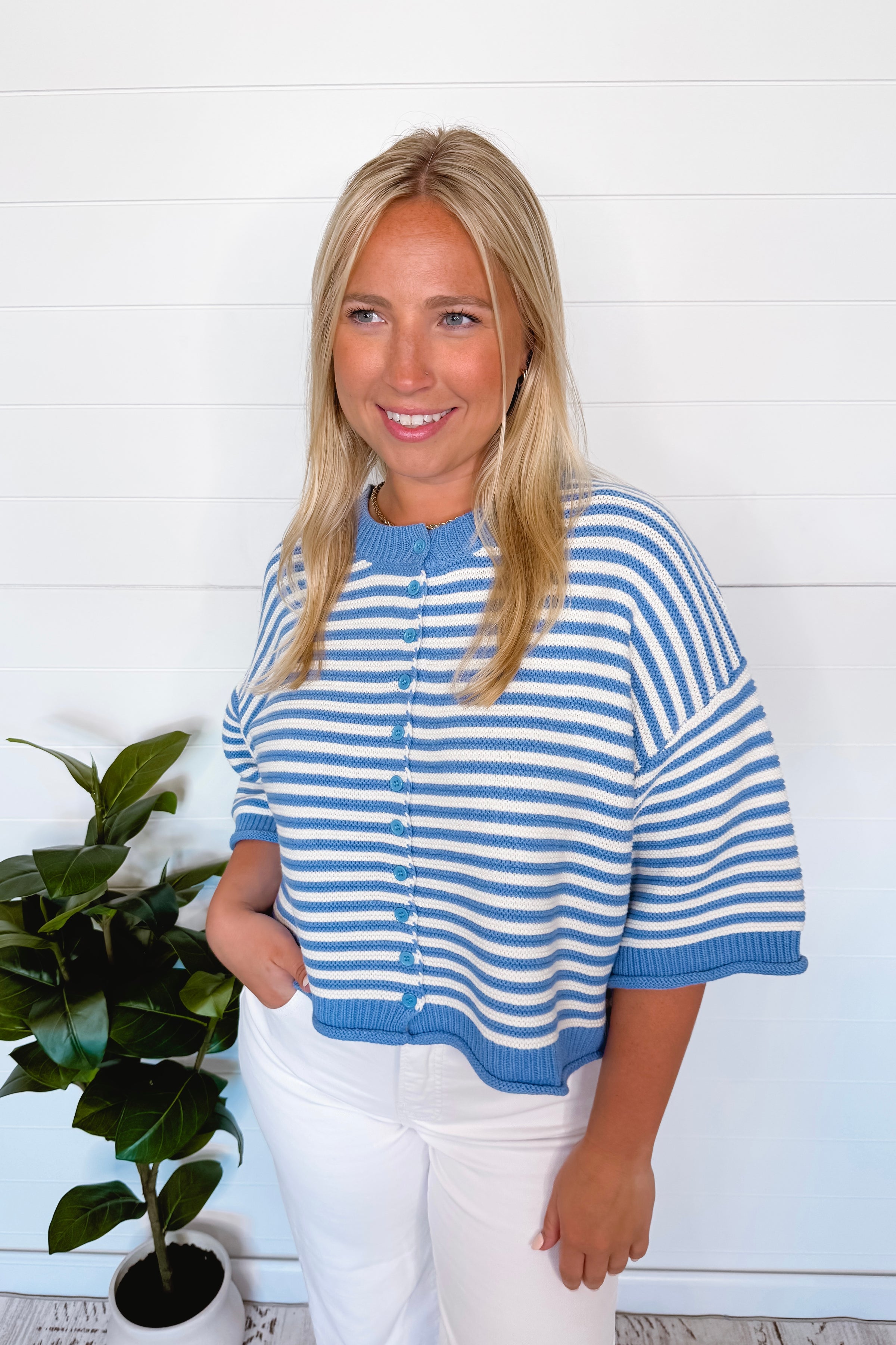 Landon Oversized Striped Sweater Cardigan - Blue/Ivory