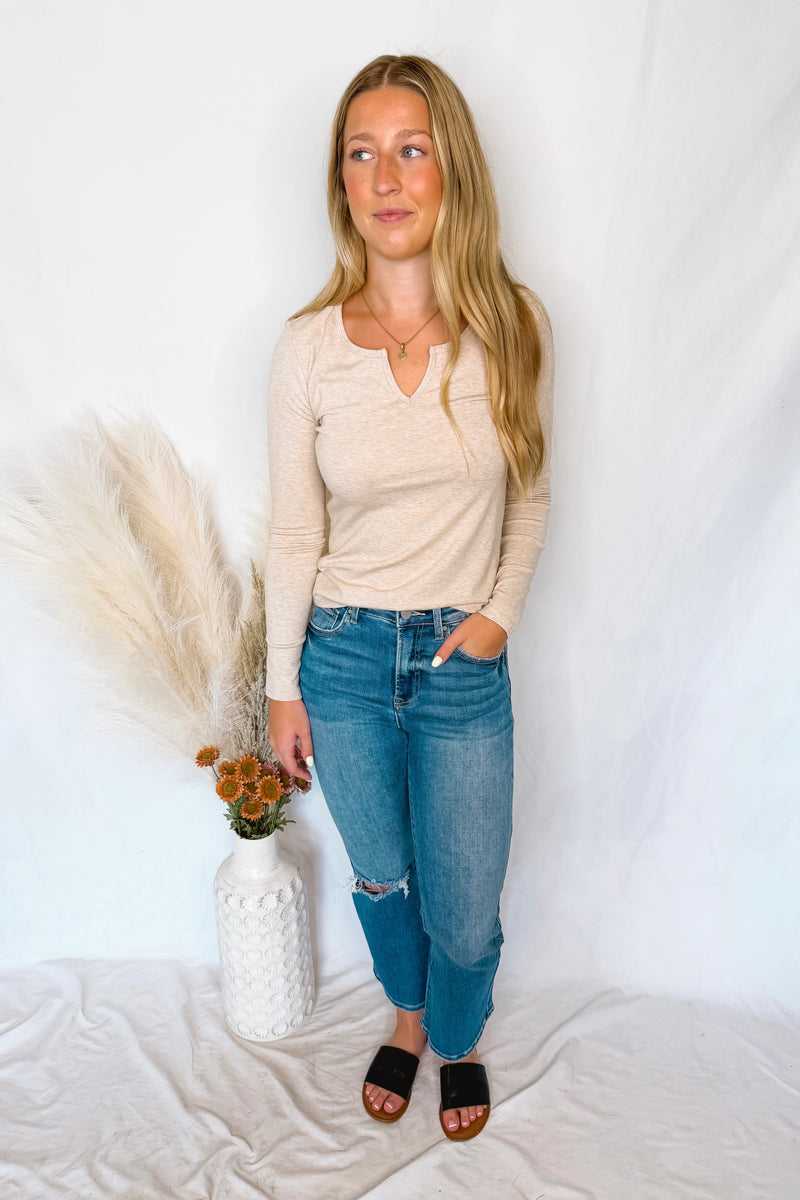 Courtney Notched V-Neck Long Sleeve Top - Oatmeal