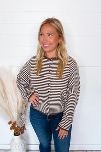 Gwen Lightweight Striped Button Sweater - Mocha/Ivory