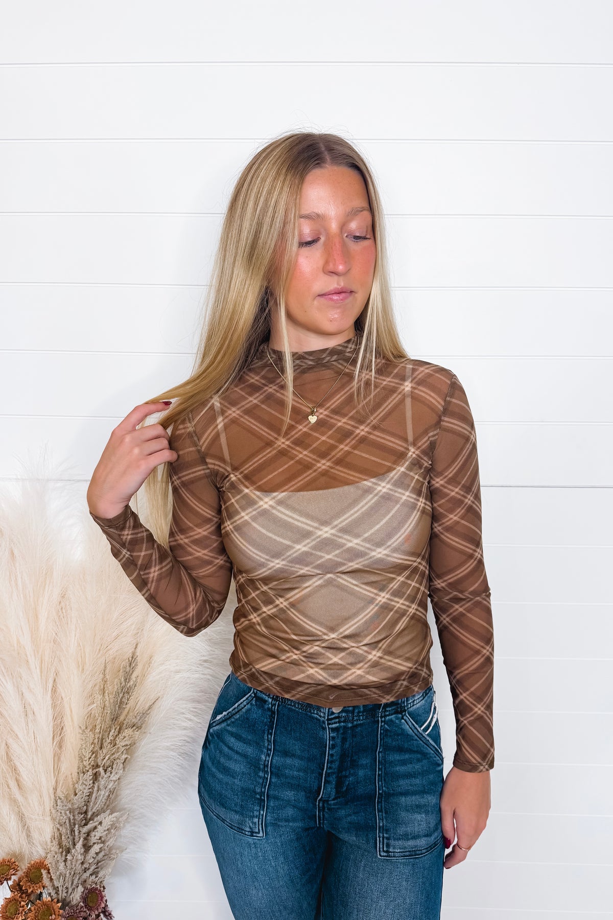 Frankie Mesh Mock Neck Plaid Top - Brown