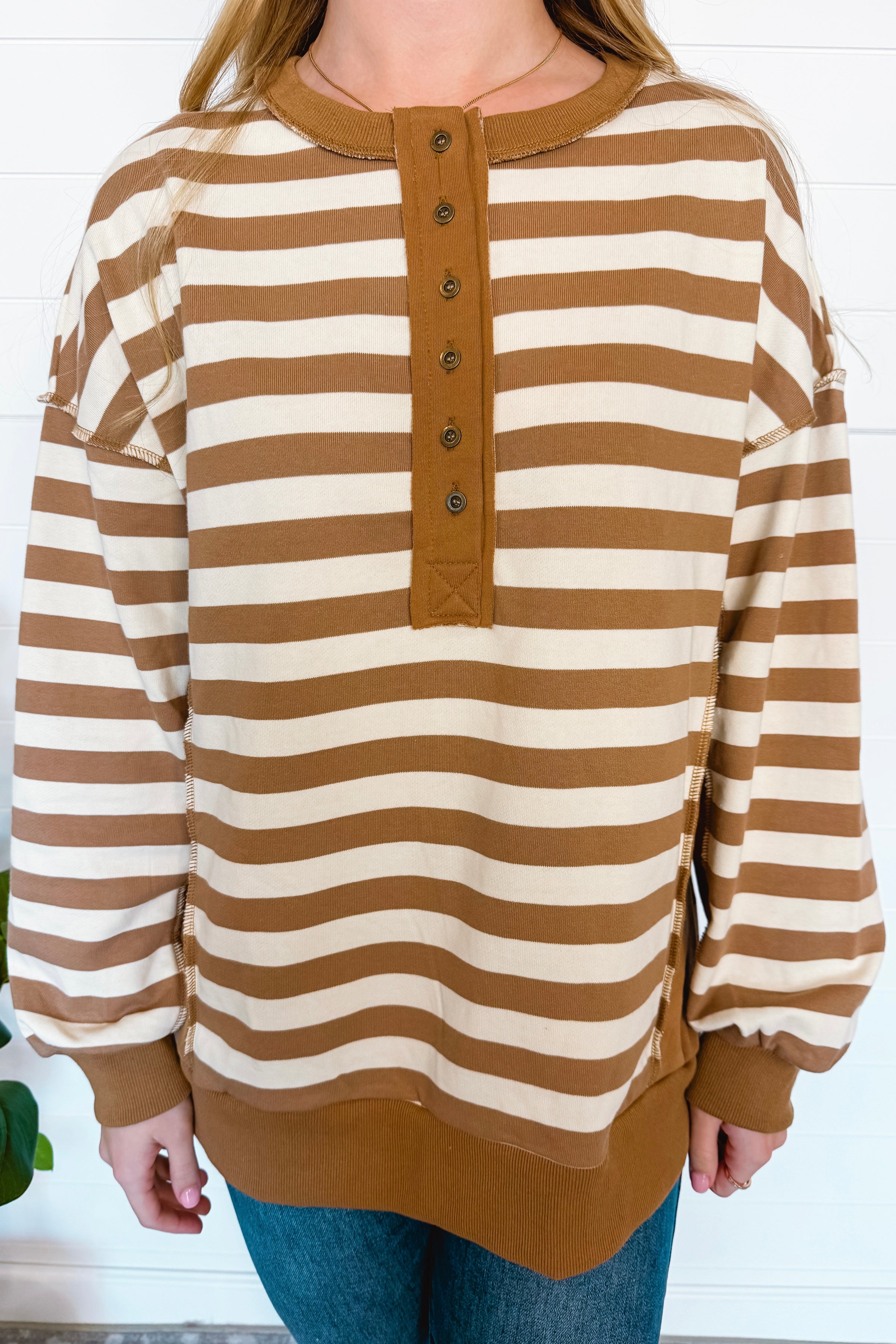 Stylish Staple Striped Henley Top - Taupe
