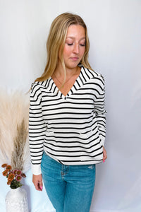 Subtle Charm Collared Striped Knit Top - Ivory/Black