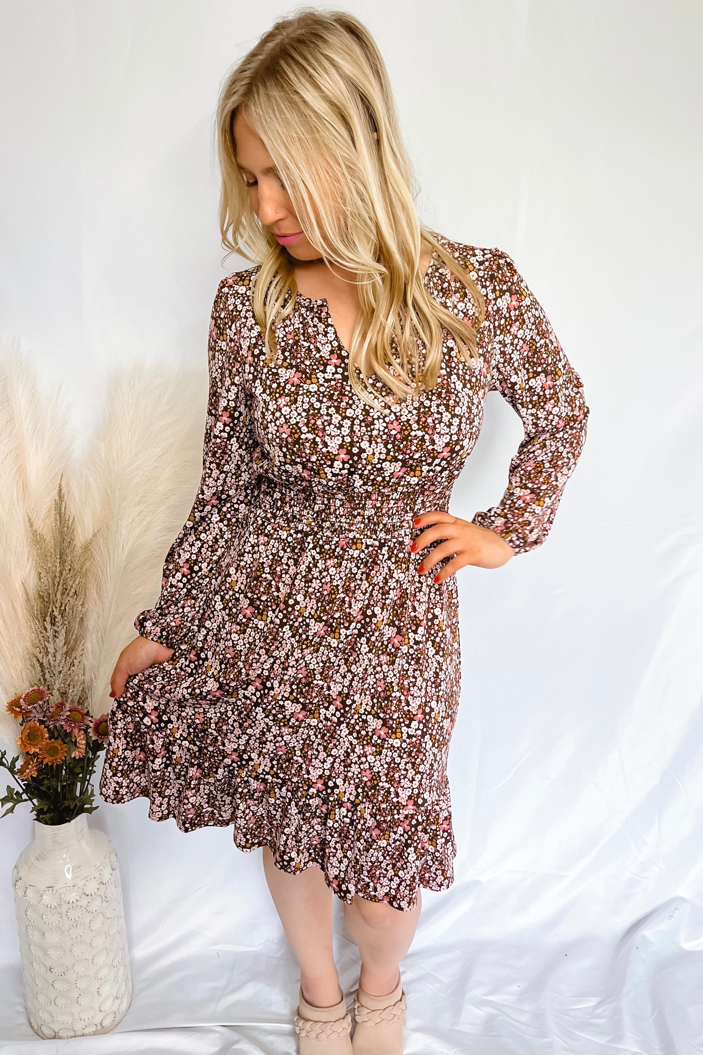 Carried Away Floral Mini Dress - Brown