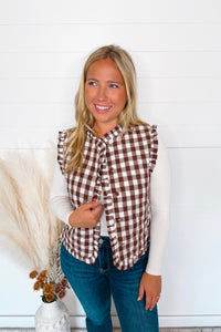 Coffee Time Quilted Gingham Vest - Brown