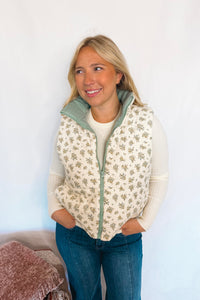 Autumn Vibes Floral Corduroy Puff Vest - Cream