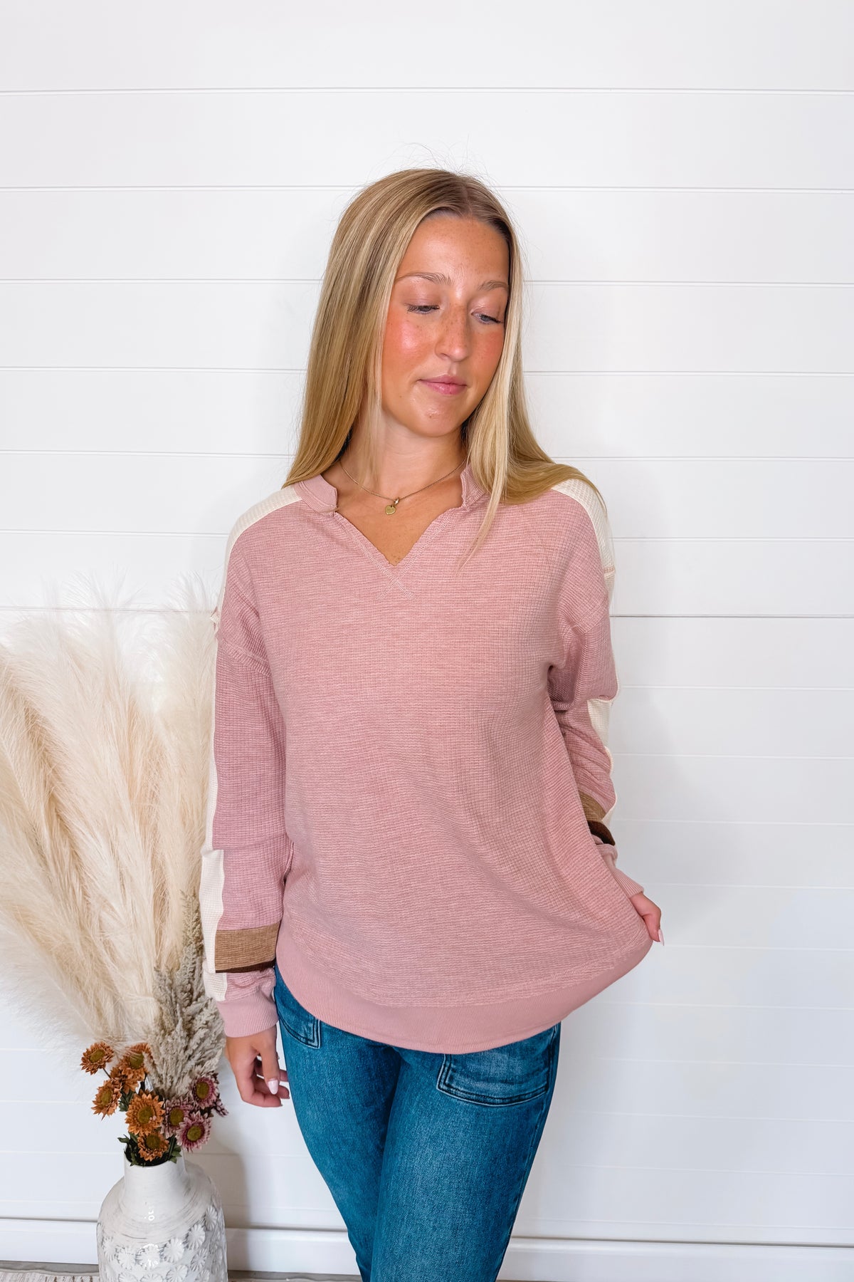 Fall Days Textured Long Sleeve Top - Pink/Cream