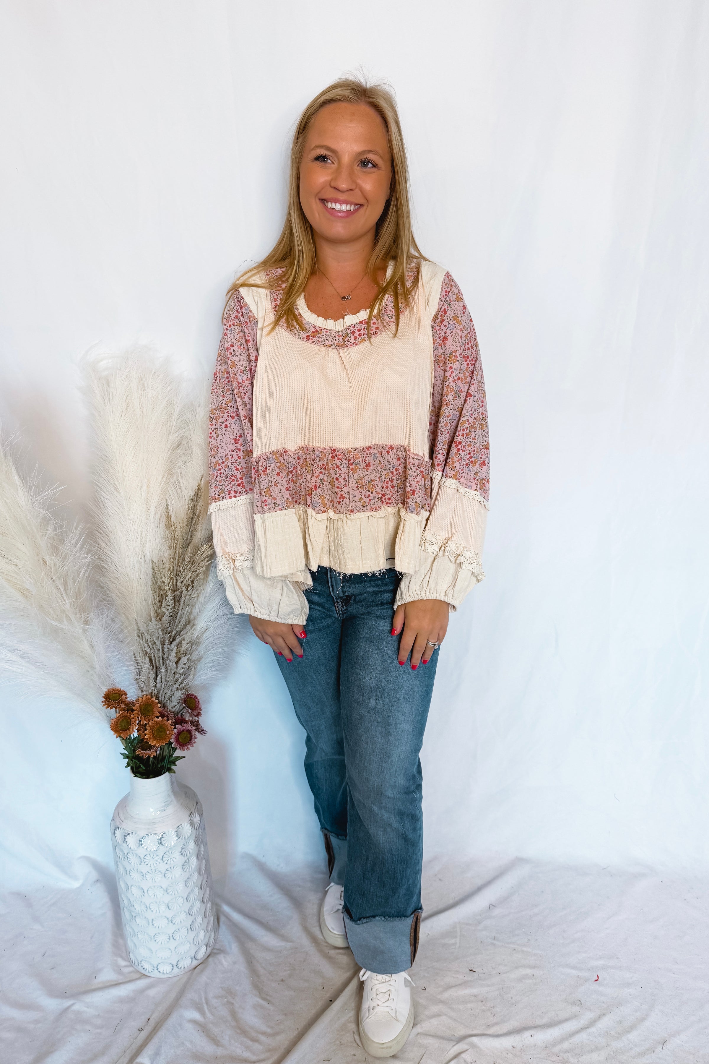 Brianna Contrast Ruffle Oversized Top (POL) - Cream