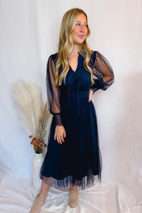 Winter Cheer Tulle Midi Dress - Midnight Blue