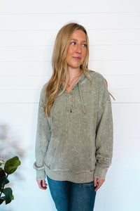 All Day Casual Mineral Washed Henley Hoodie - Olive