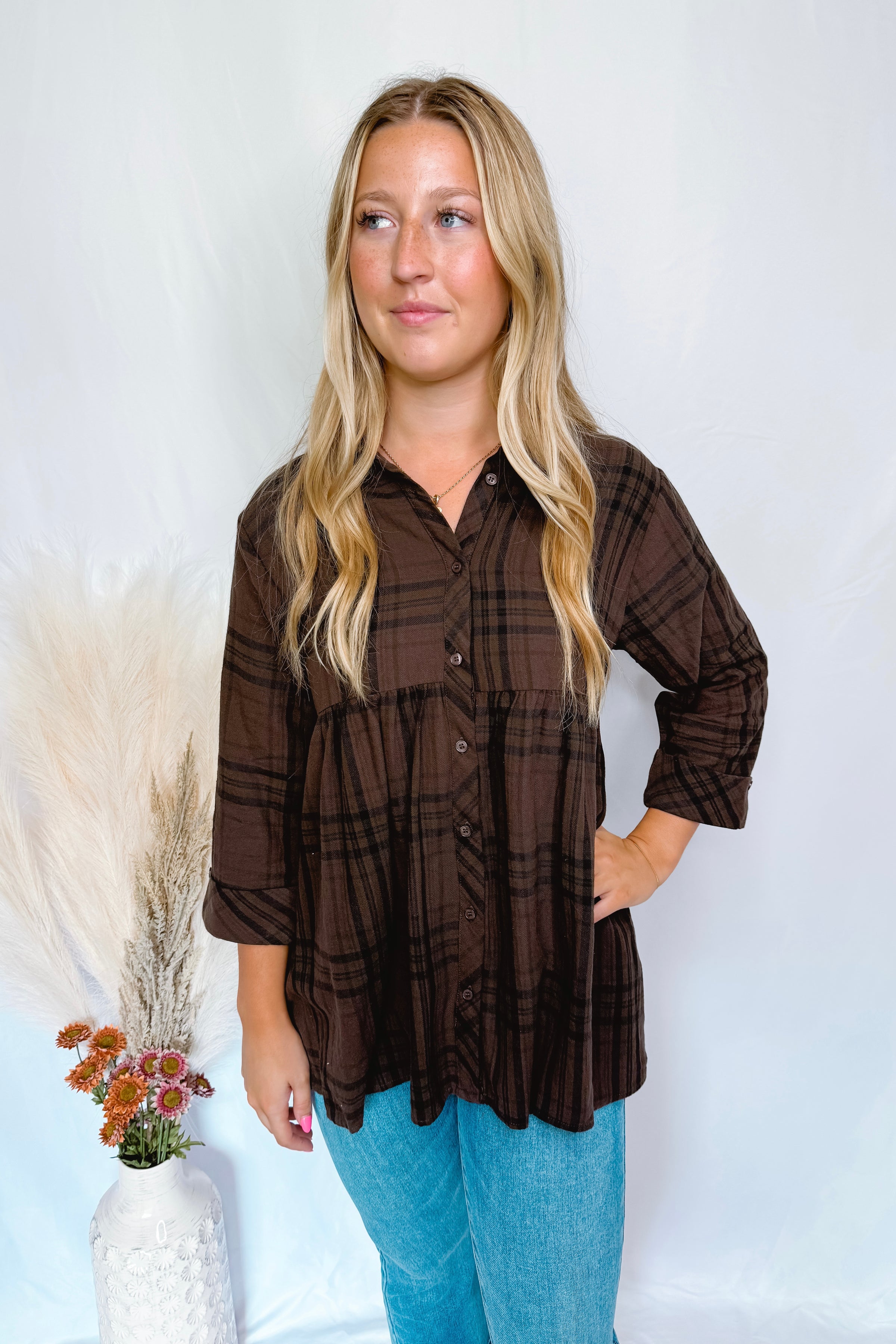 Playful Fun Plaid Peplum Button Down - Brown/Black