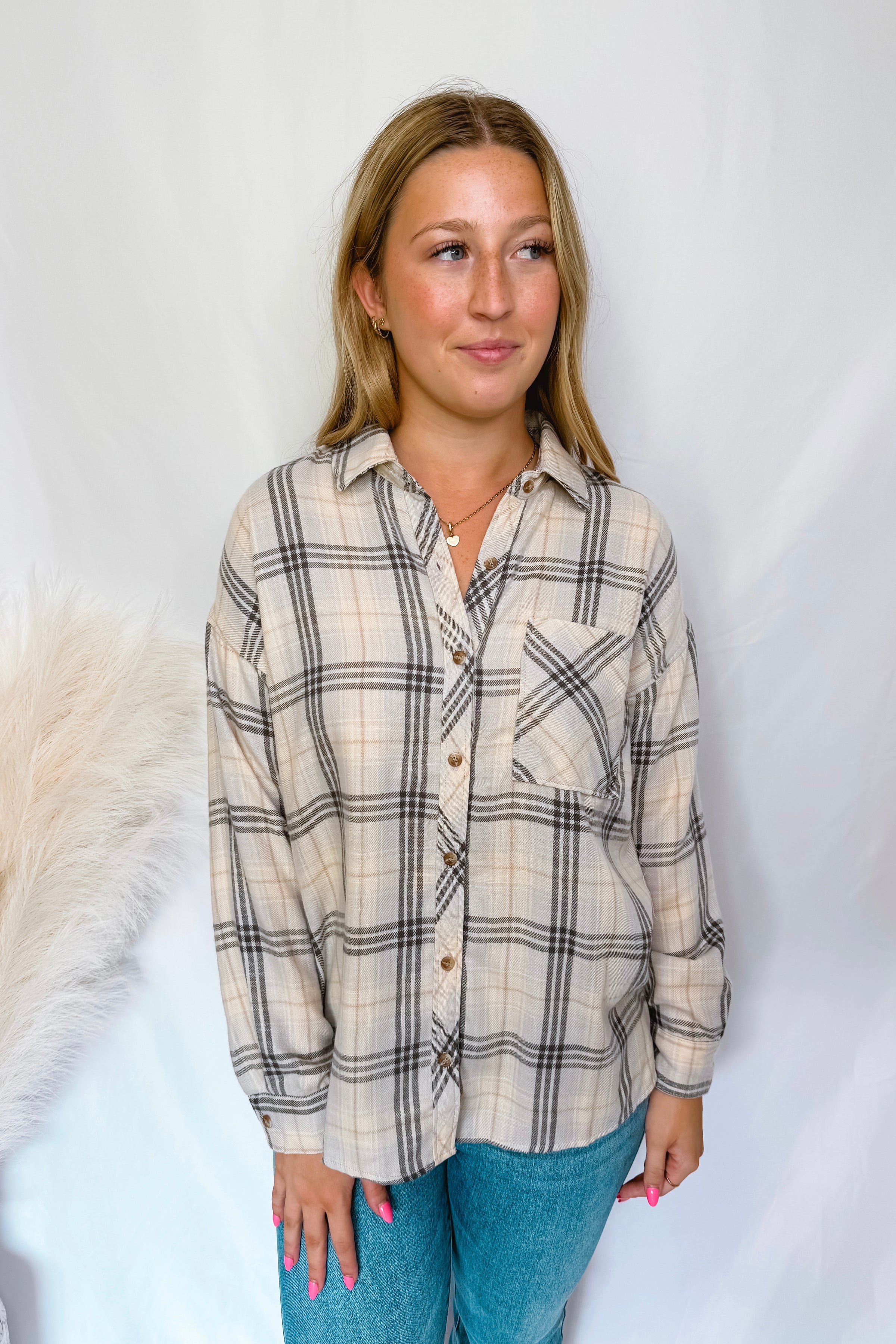 Slow Evening Plaid Button Down Flannel - Ivory/Grey