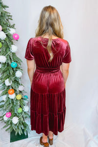 Feeling Fancy Velvet Tiered Midi Dress - Rosewood