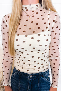 Frankie Mesh Mock Neck Polka Dot Top - Ivory/Brown