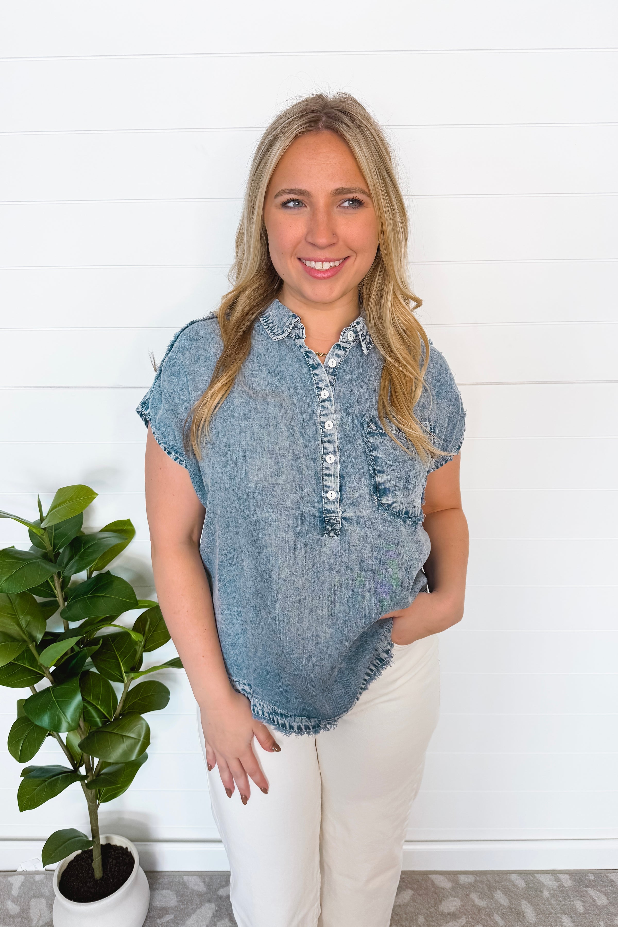 Sunny Love Chambray Henley Top - Light