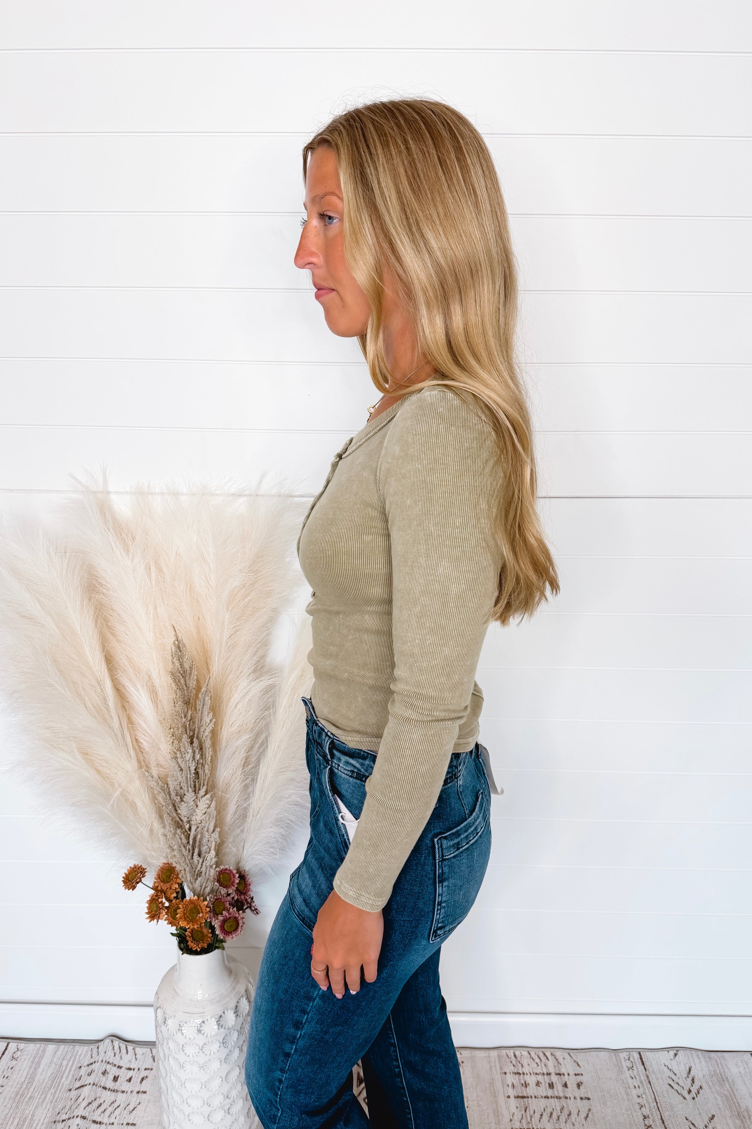 Keep It Simple Ribbed Henley Top - Light Olive