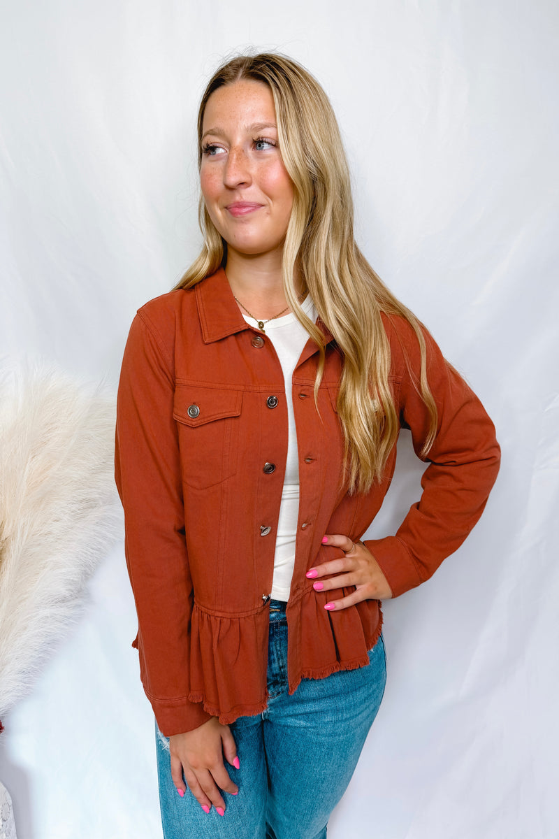 Feelin Good Ruffle Denim Jacket - Rust