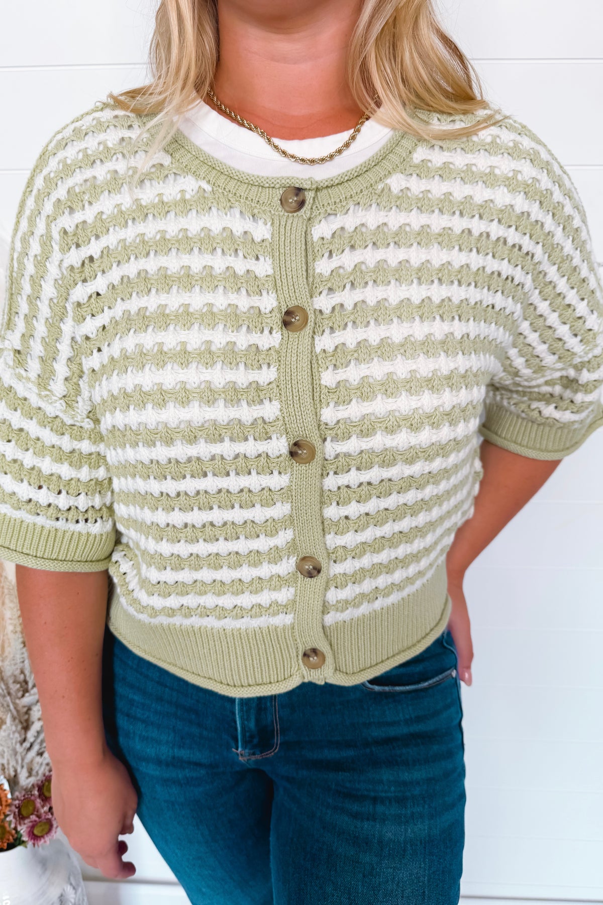 Warm Breeze Crochet Knit Button Sweater - Sage