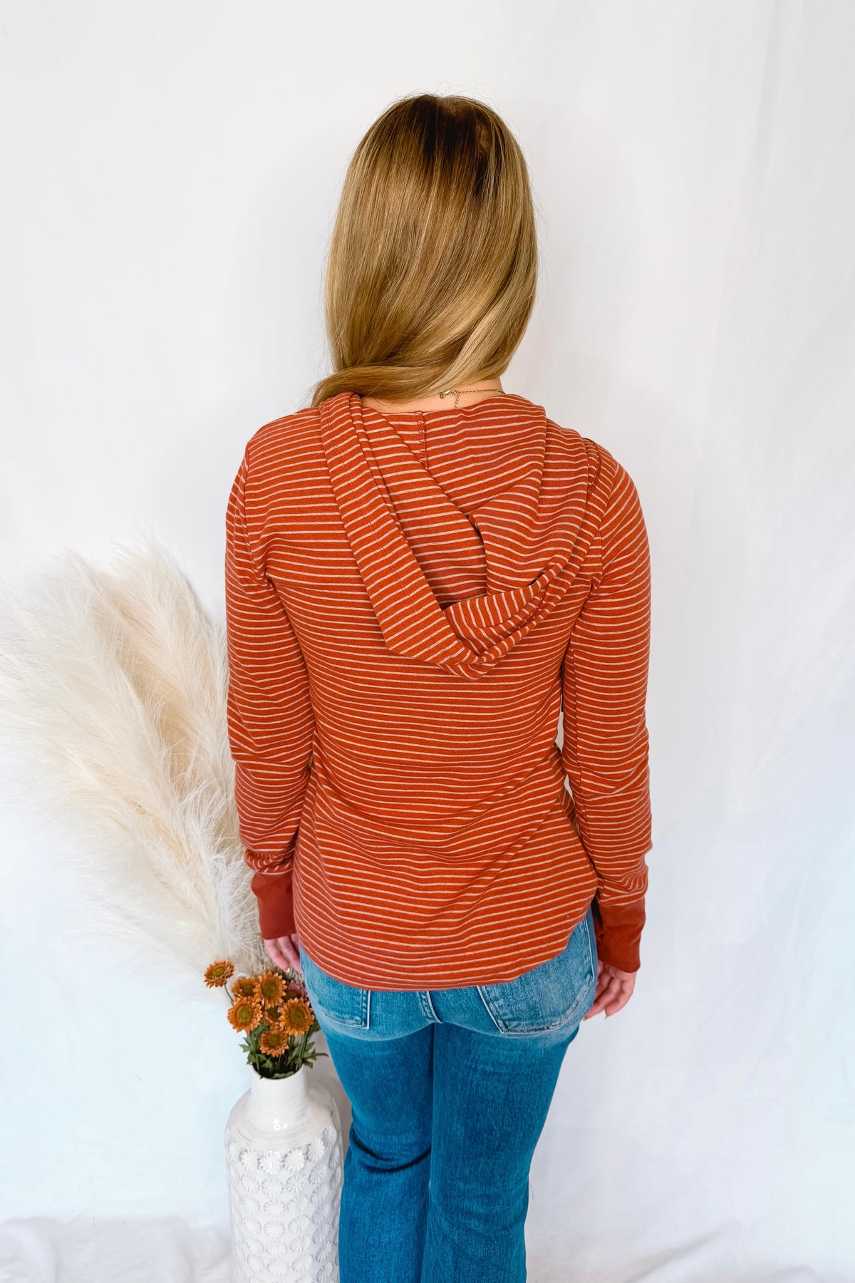 Hot Cider Striped Henley Hoodie - Rust