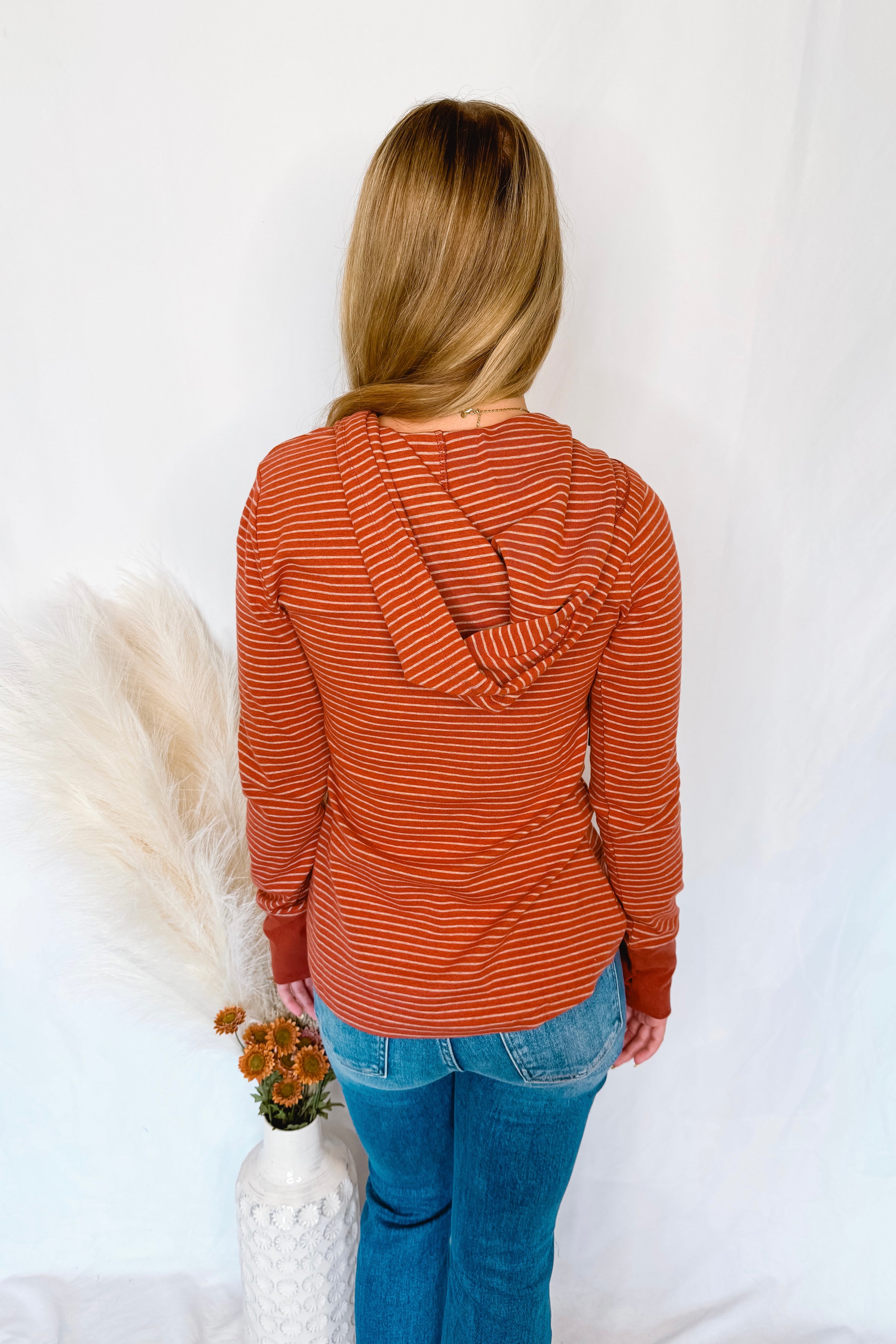 Hot Cider Striped Henley Hoodie - Rust